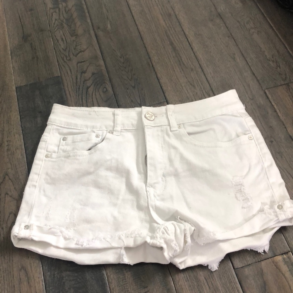 High rise white distressed jean shorts